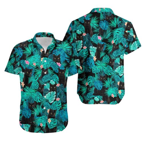 Black Cat Tropical Pocket Hawaiian Shirt