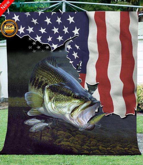 Bass Fishing D Flying American Flag Patriot Throw Fleece Blanket fishing gift for men, women and kid