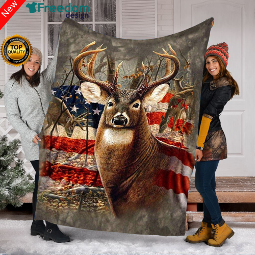 Beautiful Deer American Flag Soft Throw Fleece Blanket, Gift For Hunter