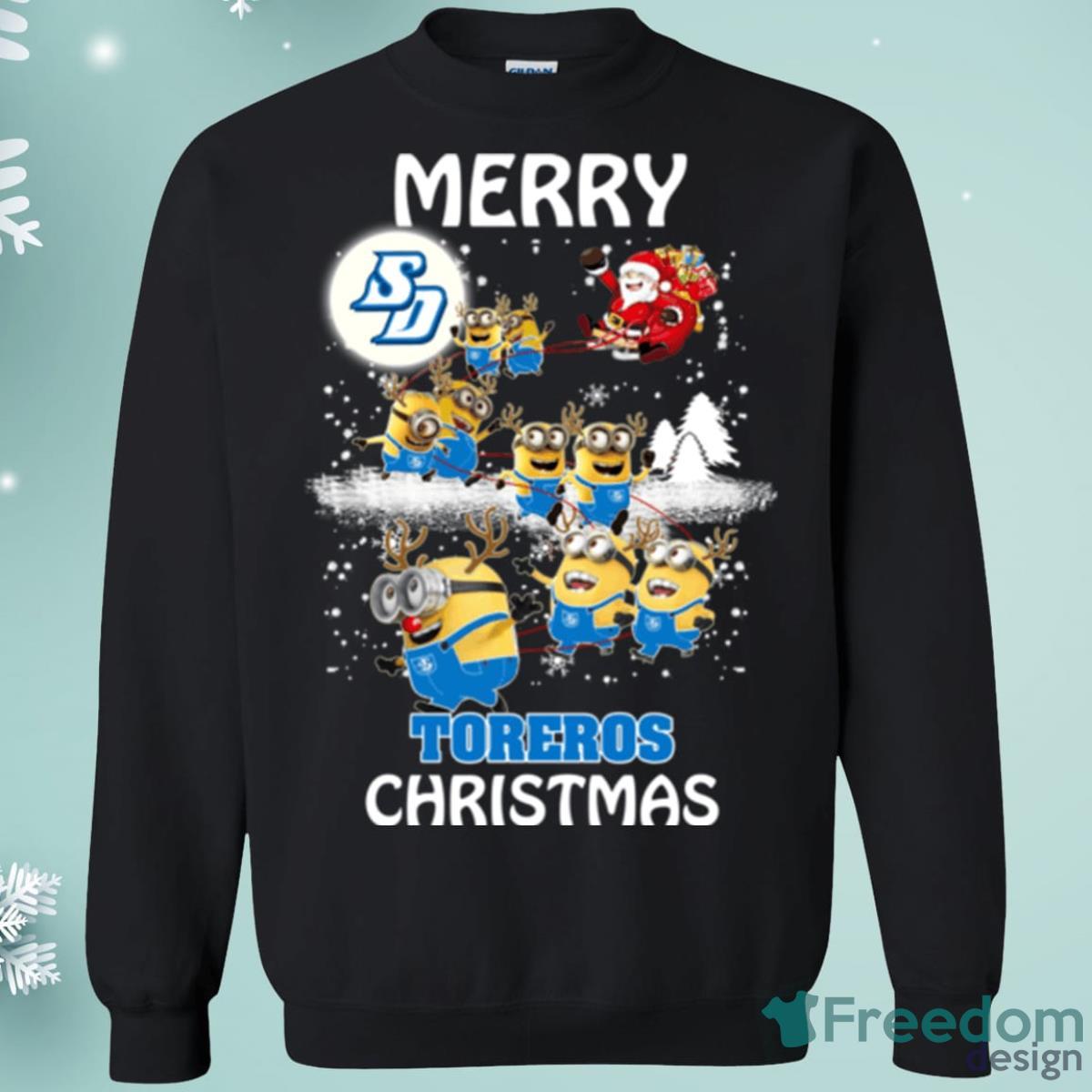 San Diego Toreros Minion Santa Claus With Sleigh Christmas Sweatshirt Product Photo 1