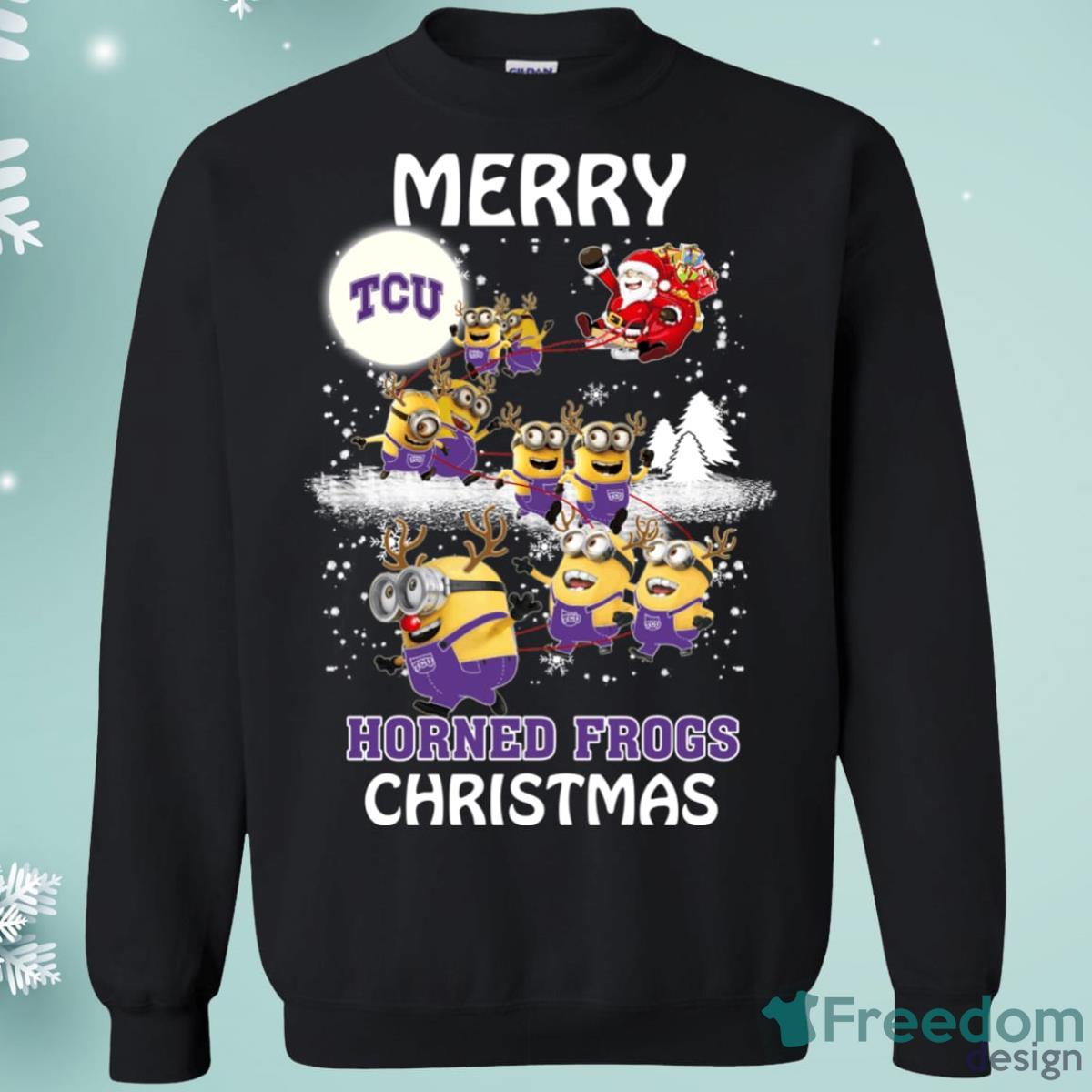 TCU Horned Frogs Minion Santa Claus With Sleigh Christmas Sweatshirt Product Photo 1