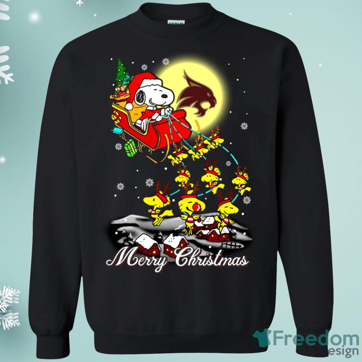 Texas State Bobcats Santa Claus With Sleigh And Snoopy Christmas Sweatshirt Product Photo 1