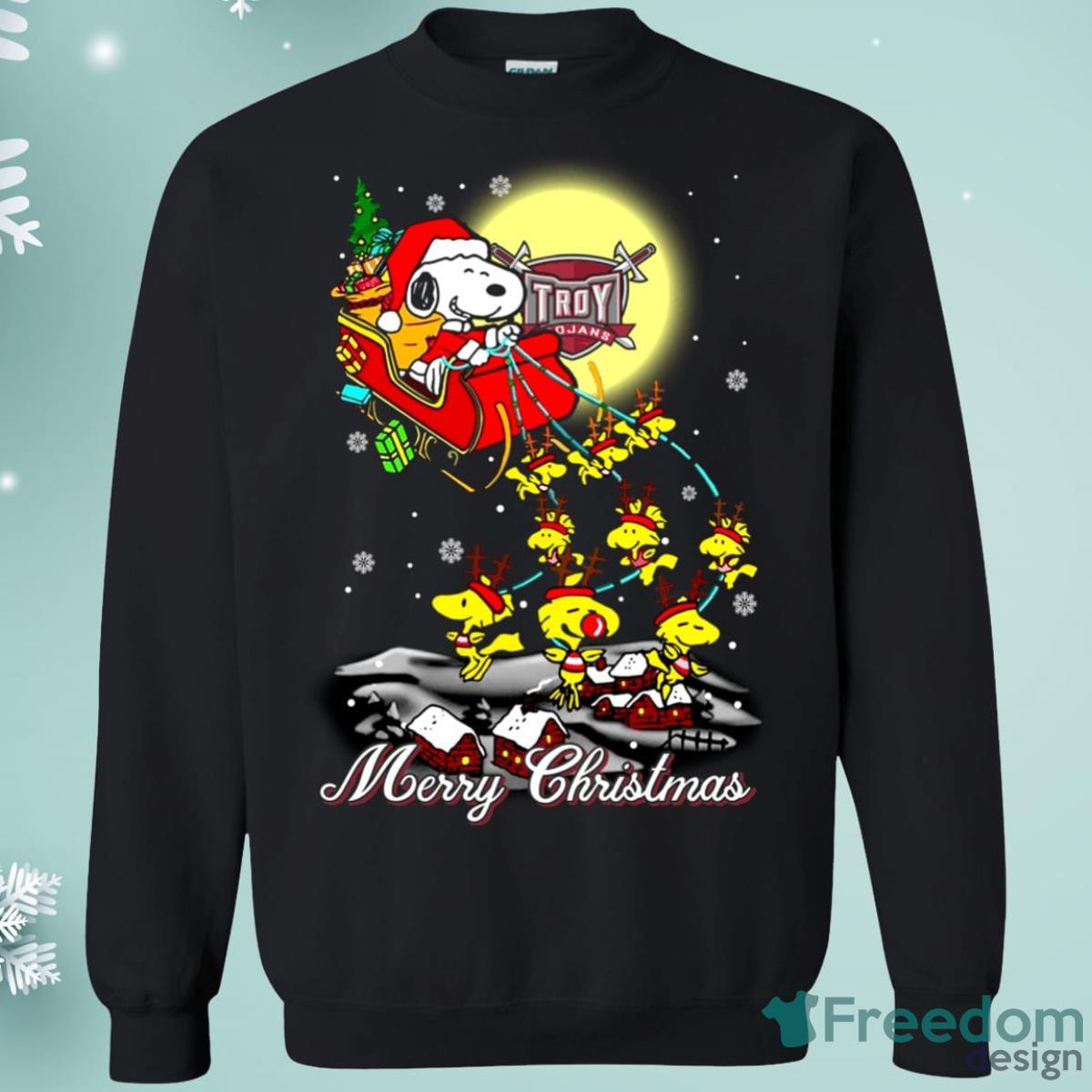 Troy Trojans Santa Claus With Sleigh And Snoopy Christmas Sweatshirt Product Photo 1