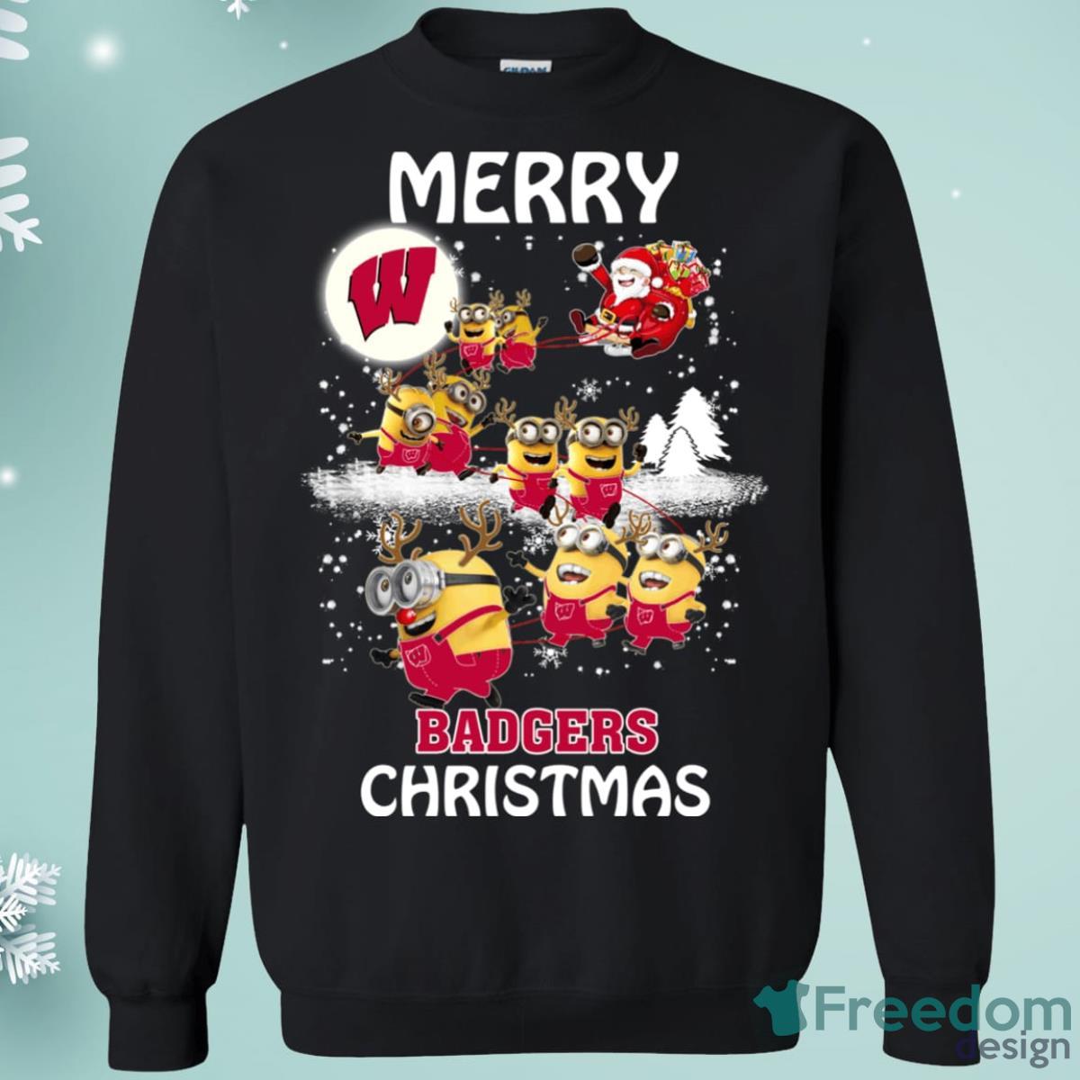 Wisconsin Badgers Minion Santa Claus With Sleigh Christmas Sweatshirt Product Photo 1