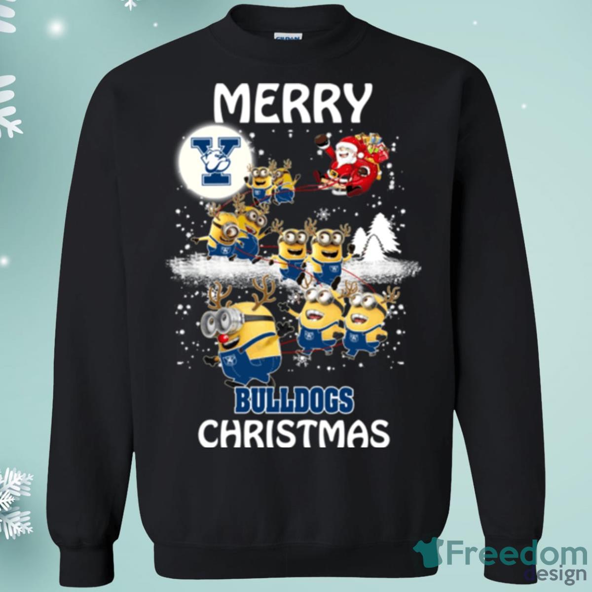 Yale Bulldogs Minion Santa Claus With Sleigh Christmas Sweatshirt Product Photo 1