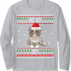 Funny Angry Cat, Ugly Christmas Sweater Style Long Sleeve - AOP Sweater - Heather Grey