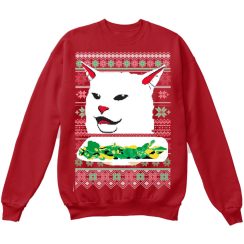 Woman Yelling at Cat Eating Lettuce MEME | Ugly Christmas Sweater - AOP Sweater - Red
