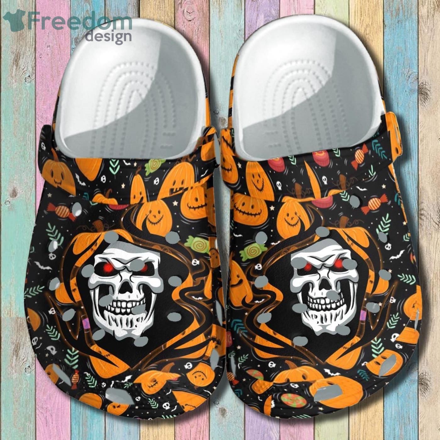 A Death Tattoo With Pumpkin Happy Halloween Clog Shoes Product Photo 2