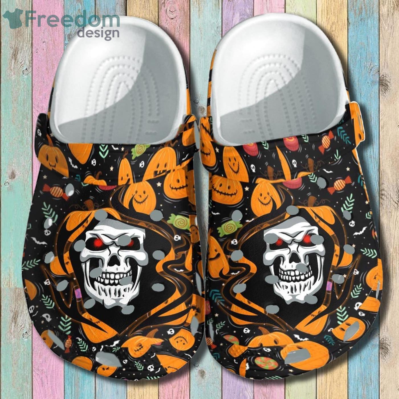 A Death Tattoo With Pumpkin Happy Halloween Clog Shoes Product Photo 1