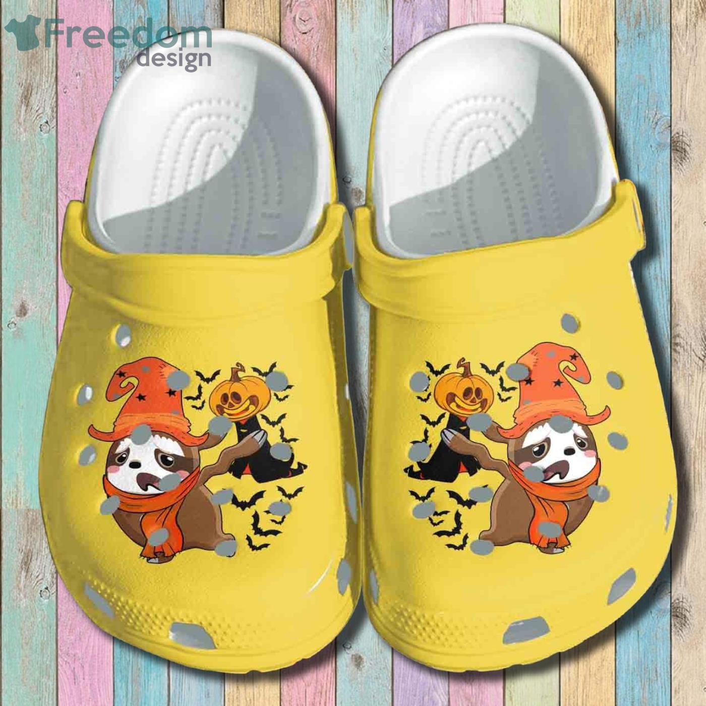 A Sloth Is Afraid Of Pumpkin Ghost Funny Halloween Clog Shoes Product Photo 1