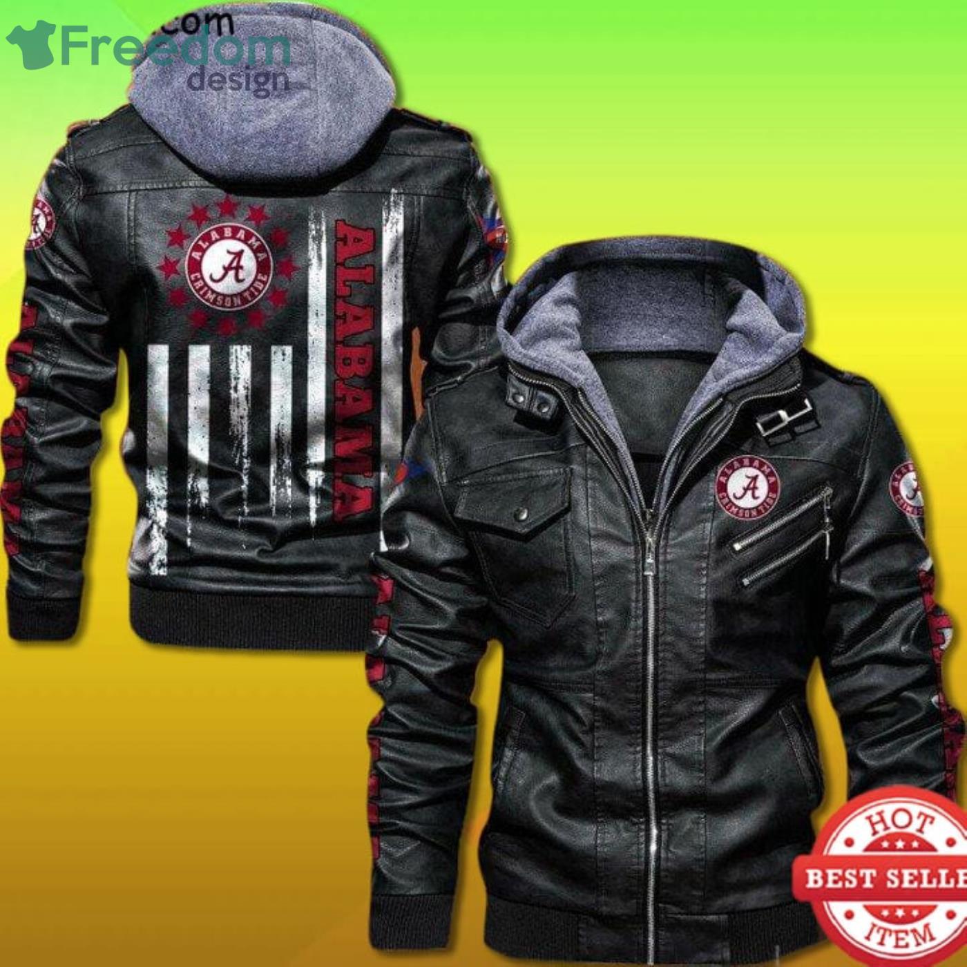 Alabama Crimson Tide American Flag 2D Leather Jacket Product Photo 1 Alabama Crimson Tide American Flag 2D Leather Jacket Product Photo 1