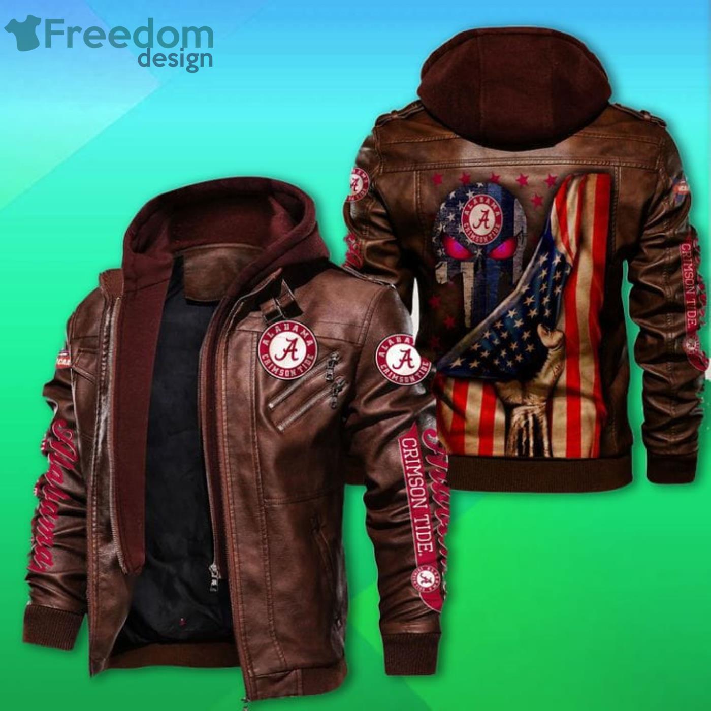 Alabama Crimson Tide American Flag Punisher Skull 2D Leather Jacket Product Photo 2