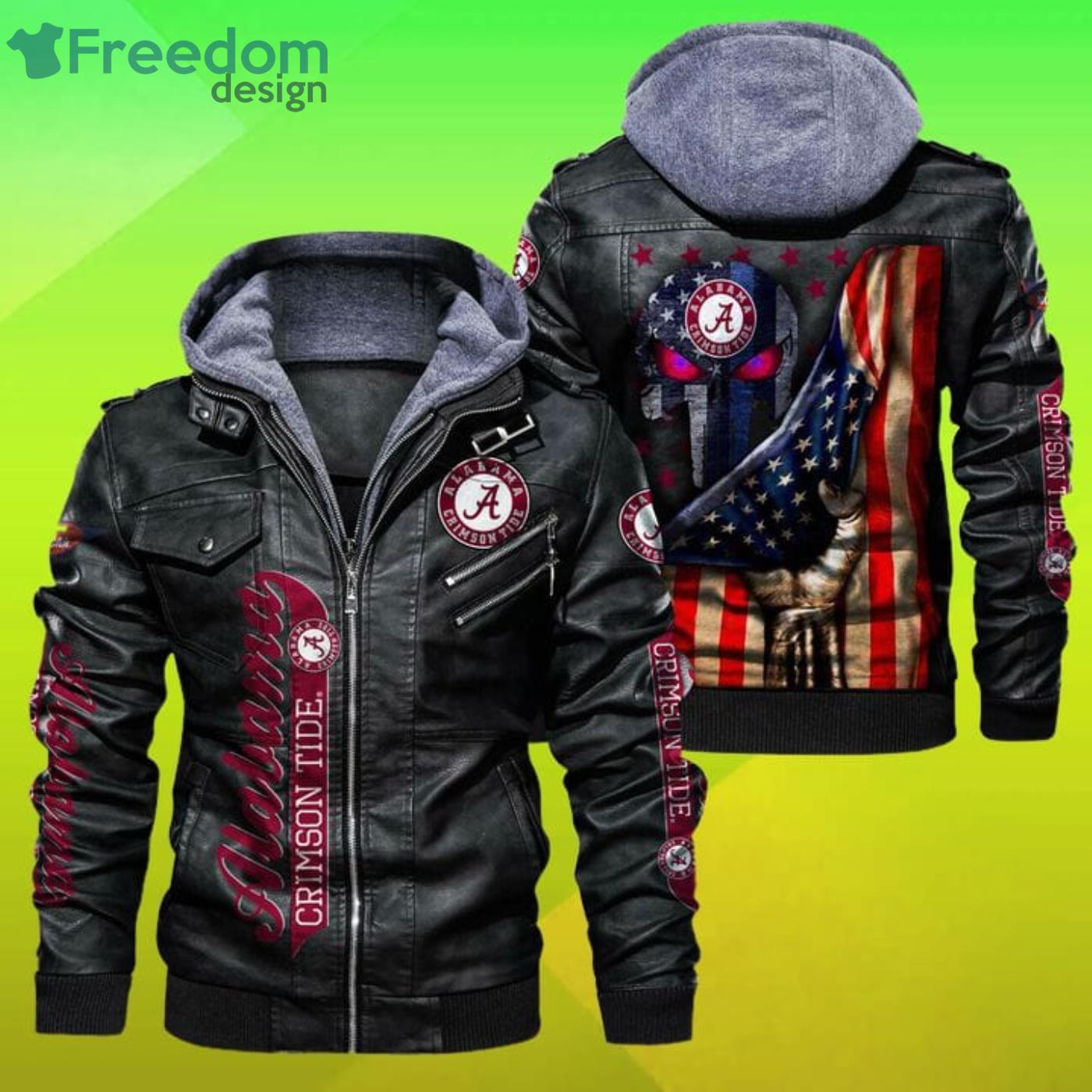 Alabama Crimson Tide American Flag Punisher Skull 2D Leather Jacket Product Photo 1 Alabama Crimson Tide American Flag Punisher Skull 2D Leather Jacket Product Photo 1