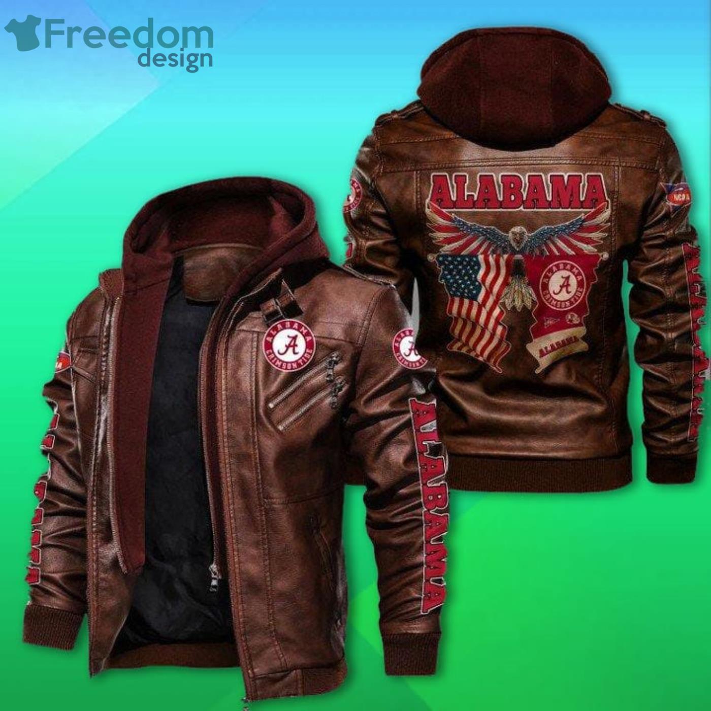 Alabama Crimson Tide Bald Eagle American Flag 2D Leather Jacket Product Photo 2