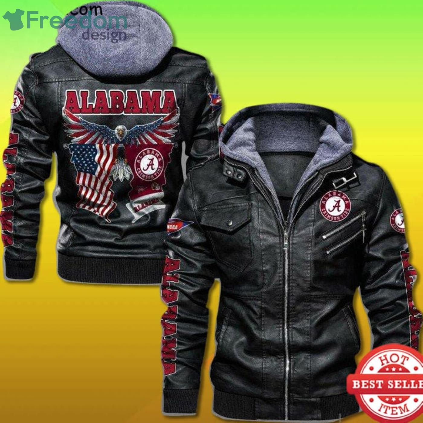 Alabama Crimson Tide Bald Eagle American Flag 2D Leather Jacket Product Photo 1 Alabama Crimson Tide Bald Eagle American Flag 2D Leather Jacket Product Photo 1