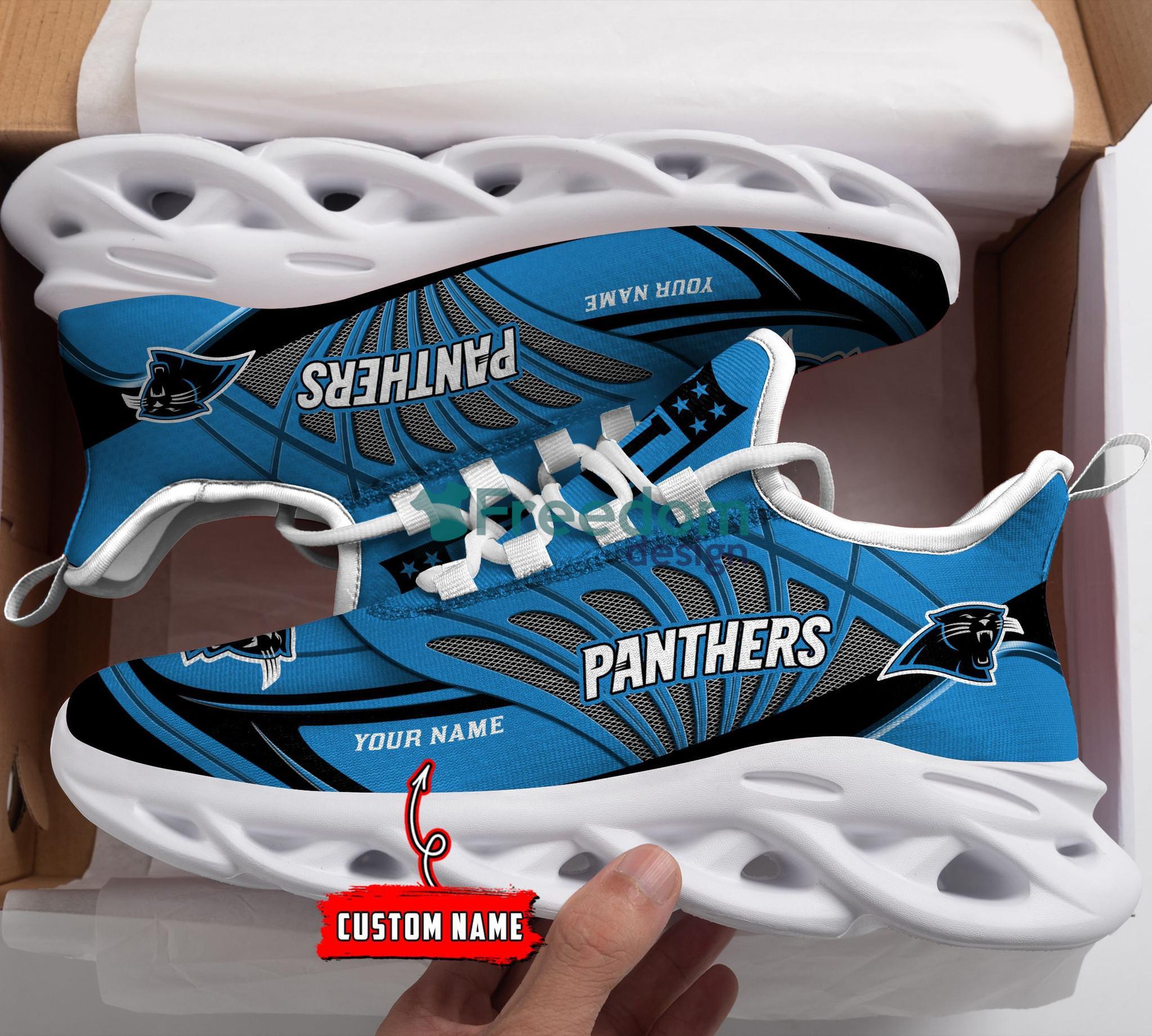 Custom Name Carolina Panthers Running Sneakers Striped Style Max Soul Shoes  For Fans - Banantees