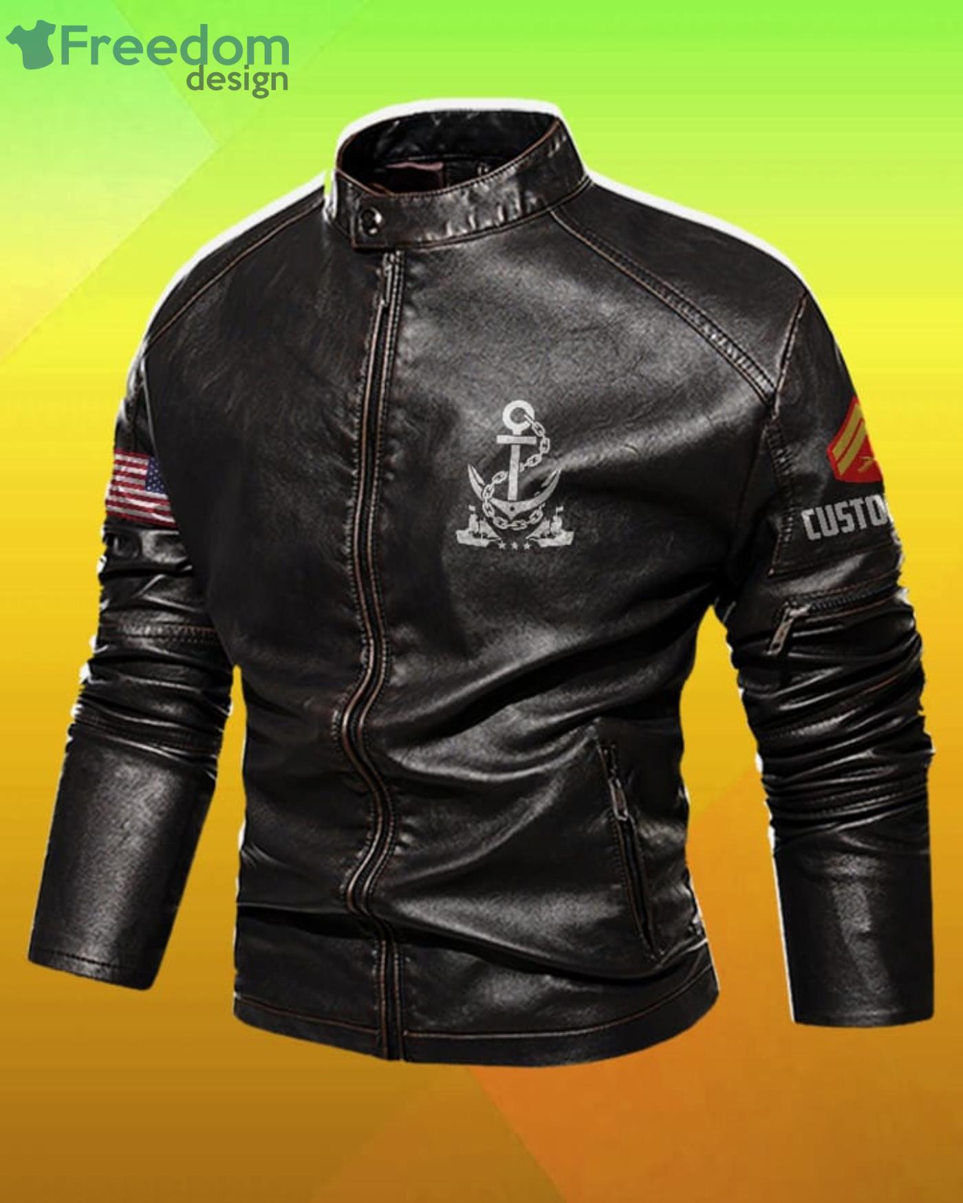 Cutom Name Marines First To Fight Stand Collar Fleece Leather Jacket image Cutom Name Marines First To Fight Stand Collar Fleece Leather Jacket Product Photo 2