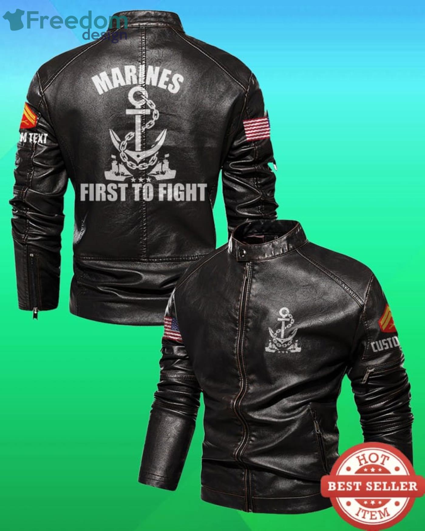 Cutom Name Marines First To Fight Stand Collar Fleece Leather Jacket Product Photo 1 Cutom Name Marines First To Fight Stand Collar Fleece Leather Jacket Product Photo 1