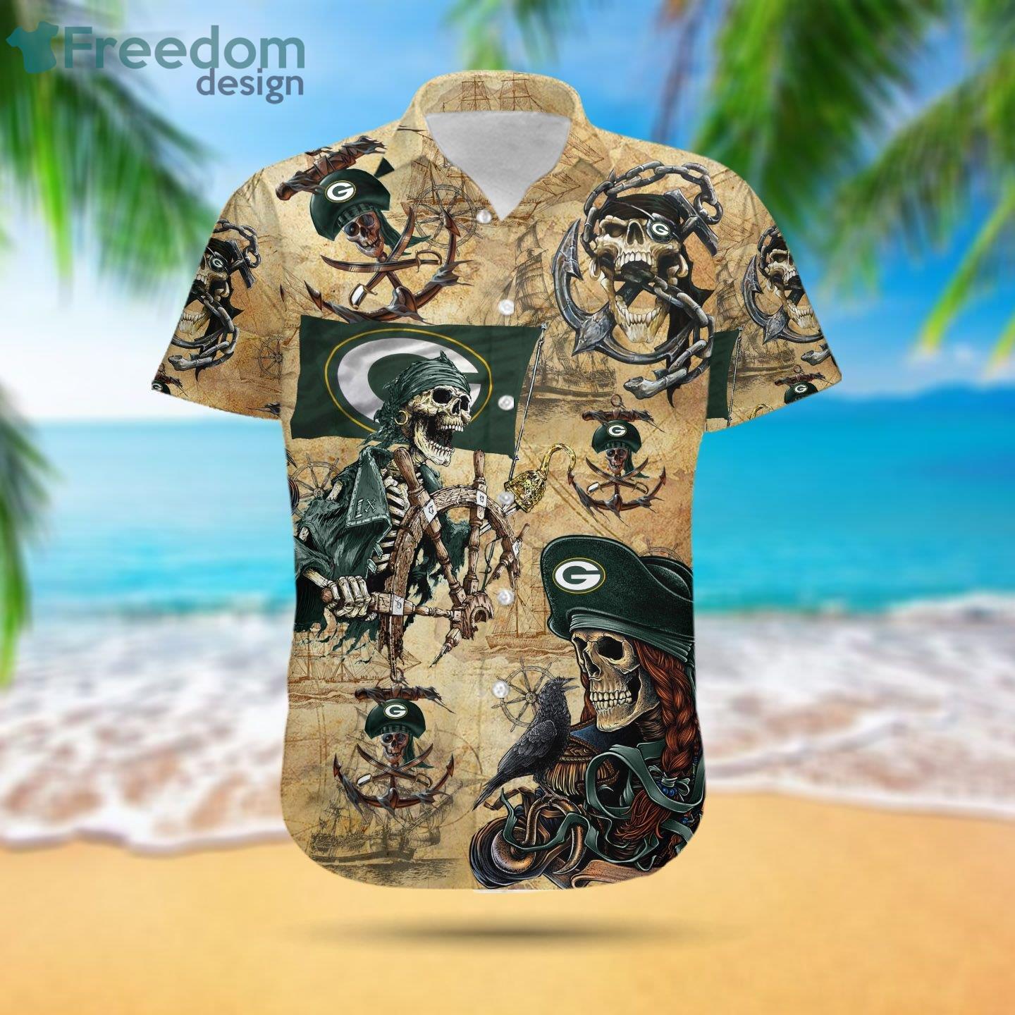 Green Bay Packers Pirates Fans Pirates Skull Hawaiian Shirt - Freedomdesign