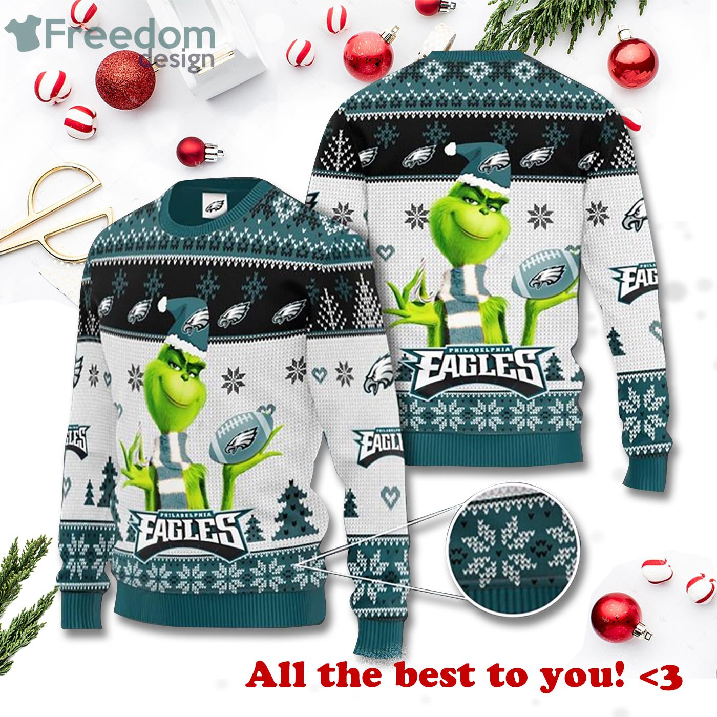 Grinch Philadeiphia Eagles 3D Christmas Sweater Product Photo 1