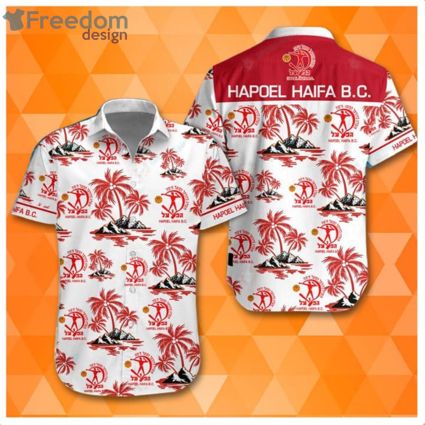 Hapoel Haifa B.C Super League Palm Tree Pattern Hawaiian Shirt Product Photo 1