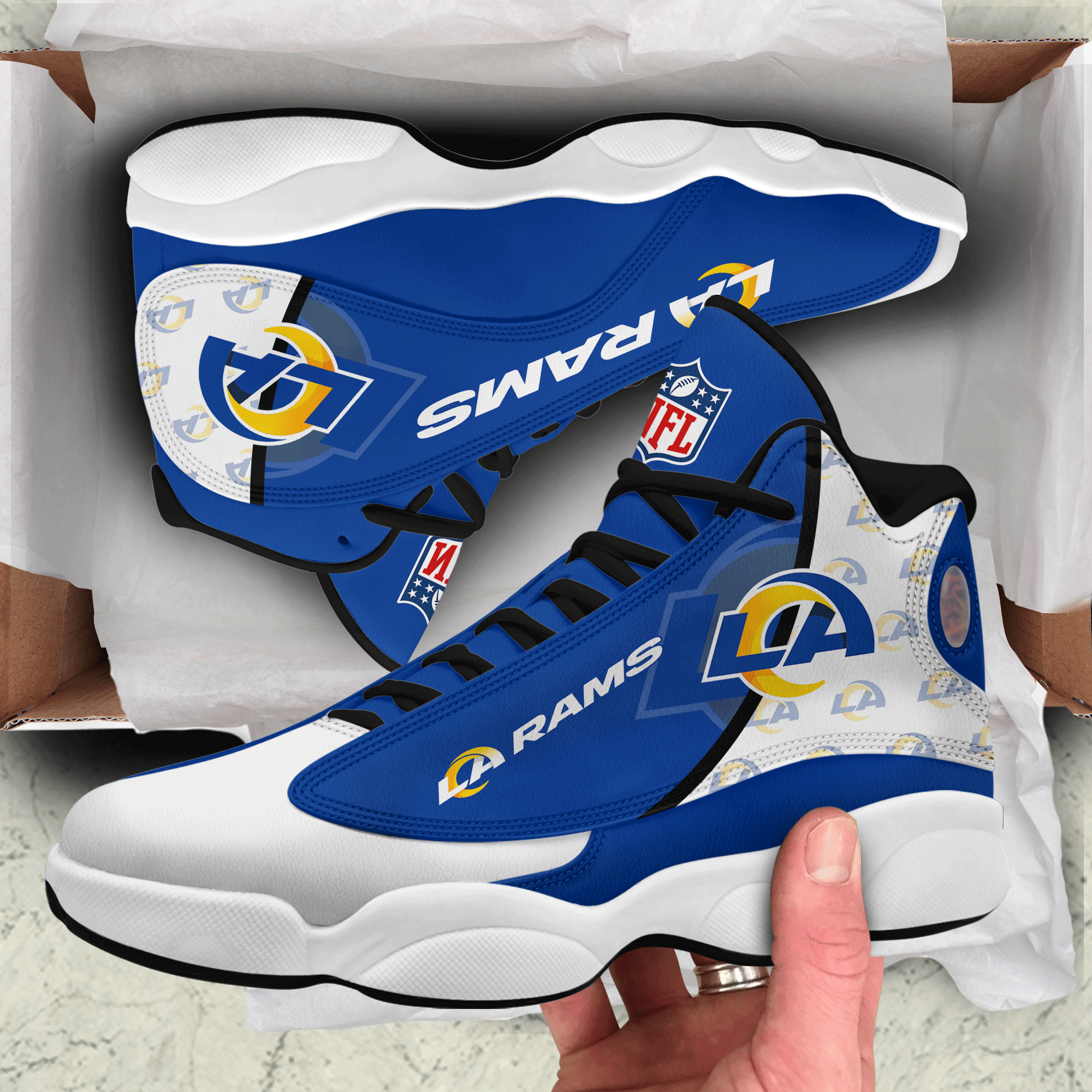 Los Angeles Rams Blue Air Jordan 13 Shoes For Fans Product Photo 1 Los Angeles Rams Blue Air Jordan 13 Shoes For Fans Product Photo 1