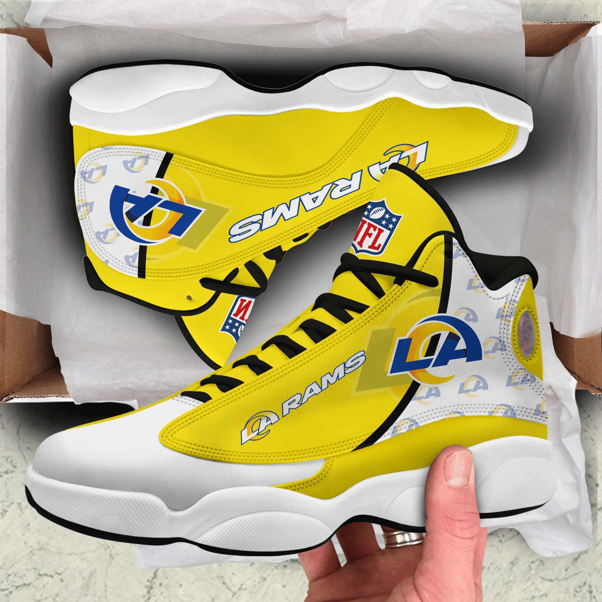 Los Angeles Rams Yellow Air Jordan 13 Shoes For Fans Product Photo 1 Los Angeles Rams Yellow Air Jordan 13 Shoes For Fans Product Photo 1