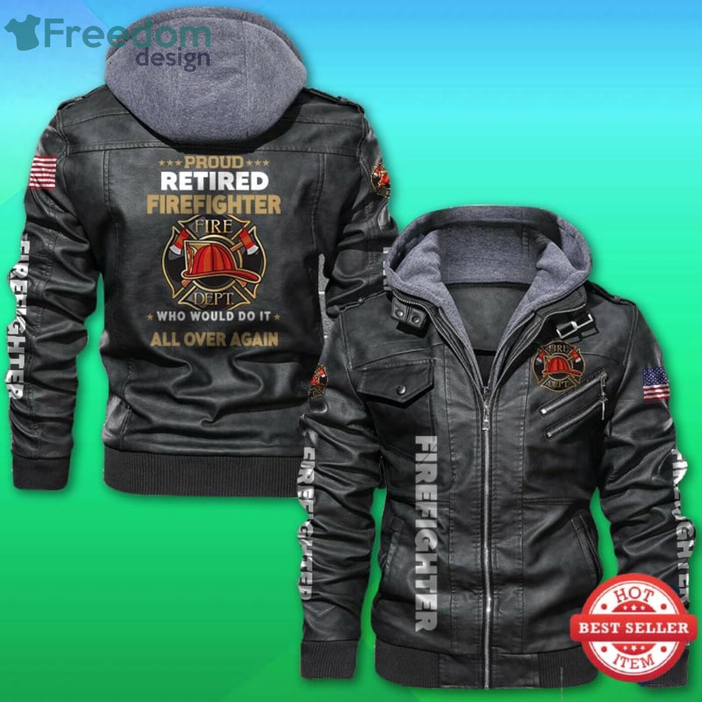 Proud Retired Firefighter United States Flag Leather Jacket - Freedomdesign