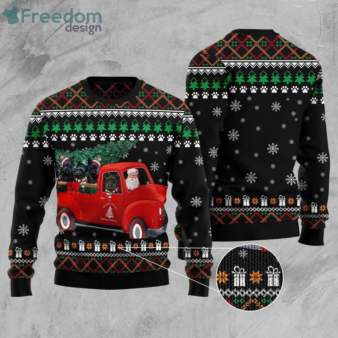Scottish Terrier & Santa Claus Red Car Ugly Christmas Sweater Product Photo 1