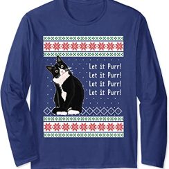 Ugly Christmas Sweater Let it Purr Tuxedo Cat T Shirt - AOP Sweater - Navy