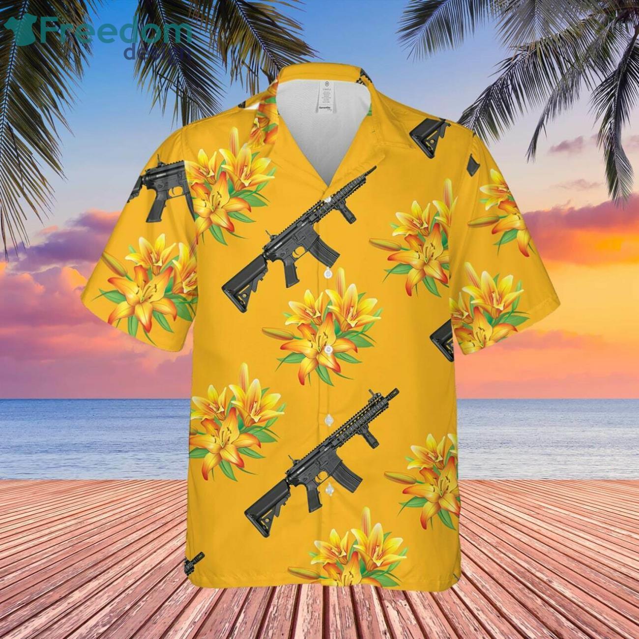 Vibrant Tropical Gun And Bullet Yellow Hawaiian Shirt For Men And Women Product Photo 1