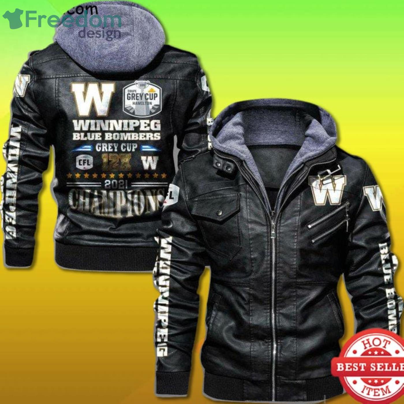 Winnipeg Blue Bombers Grey Cup 2021 Champions Black Leather Jacket Product Photo 1 Winnipeg Blue Bombers Grey Cup 2021 Champions Black Leather Jacket Product Photo 1