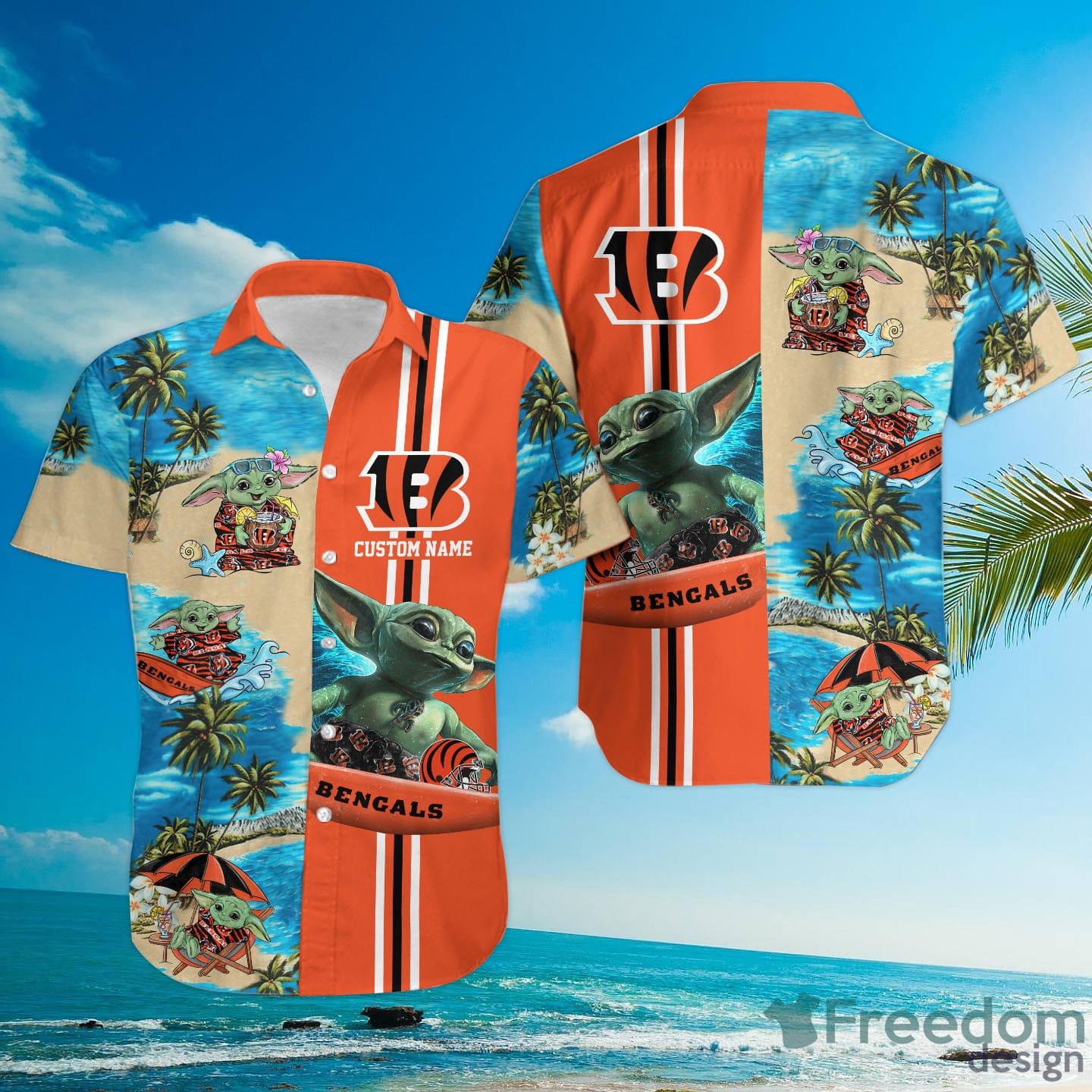 Custom Name Cincinnati Bengals Baby Yoda And Flowers Pattern Hawaiian Shirt