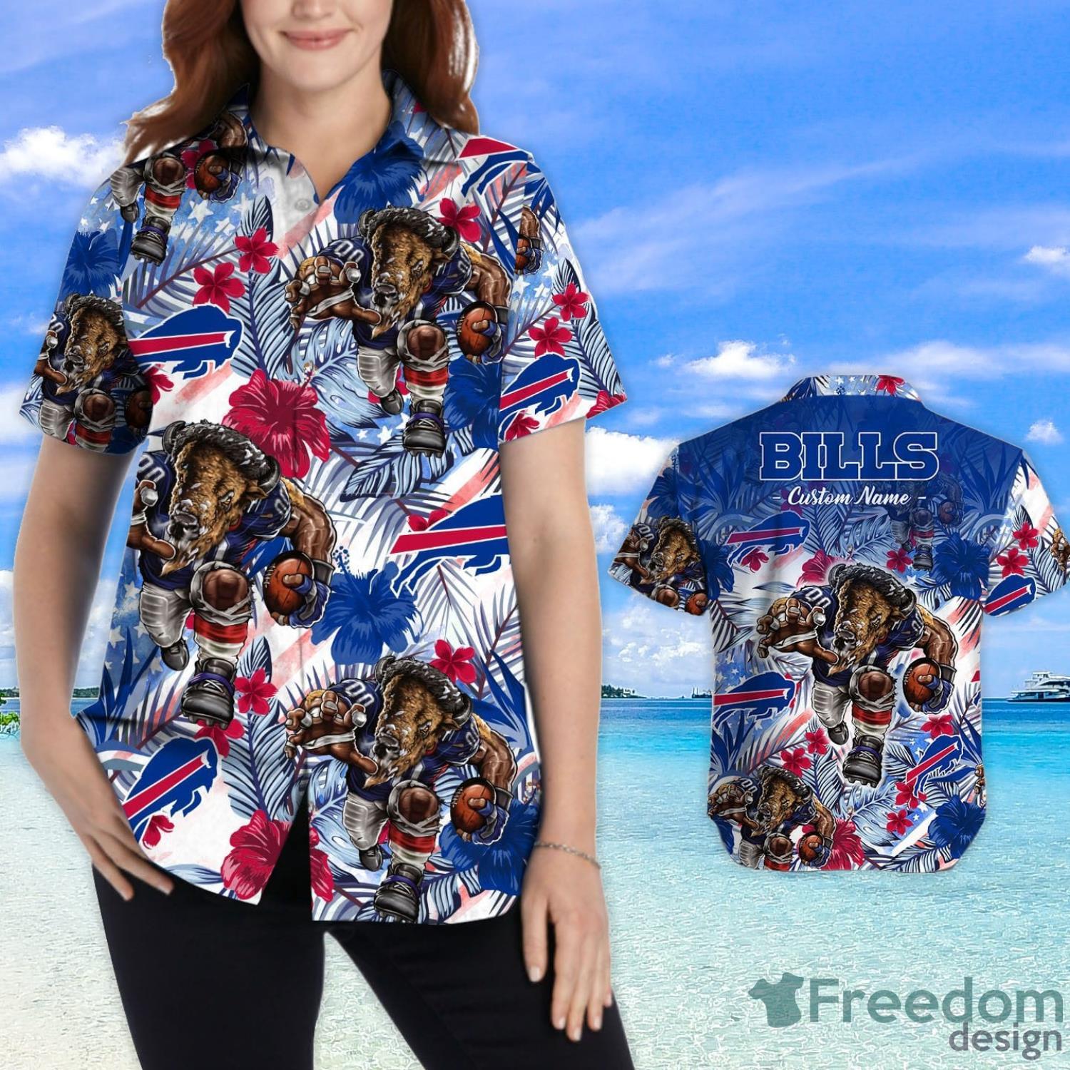 Funny Buffalo Bills Tropical Floral America Flag Custom Name Hawaiian Shirt  - Freedomdesign