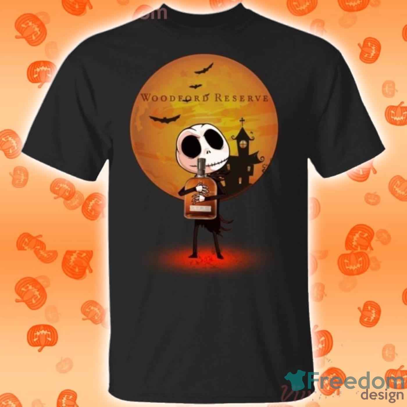 Jack Skellington Holding Woodford Reserve Bourbon Whisky Halloween T-Shirt Product Photo 1 Jack Skellington Holding Woodford Reserve Bourbon Whisky Halloween T-Shirt Product Photo 1