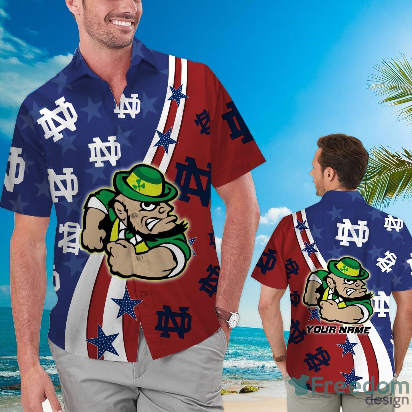 Notre Dame Fighting Irish American Flag Custom Name Hawaiian Shirt -  Freedomdesign