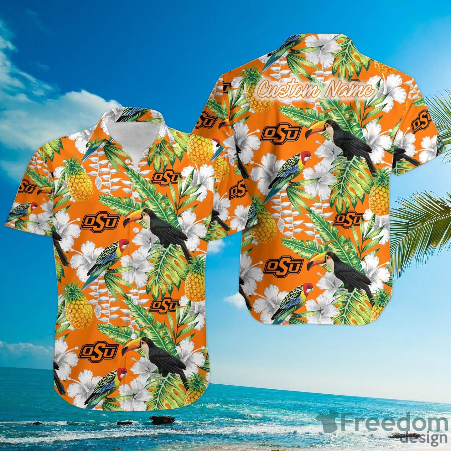 Custom Name Oklahoma State Cowboys With Flamingo Parrot Tropical Beach  Coconut Tree Hawaiian Shirt