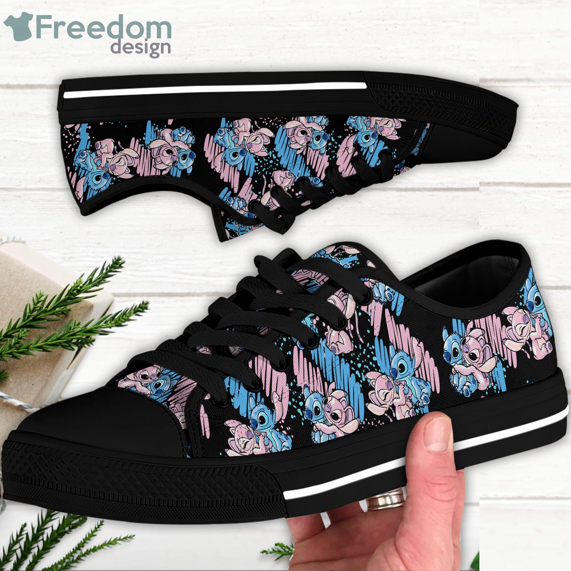 Stitch Angel Love Pink Heart White Disney Cartoon Sneakers Low Top Canvas Shoes Product Photo 2