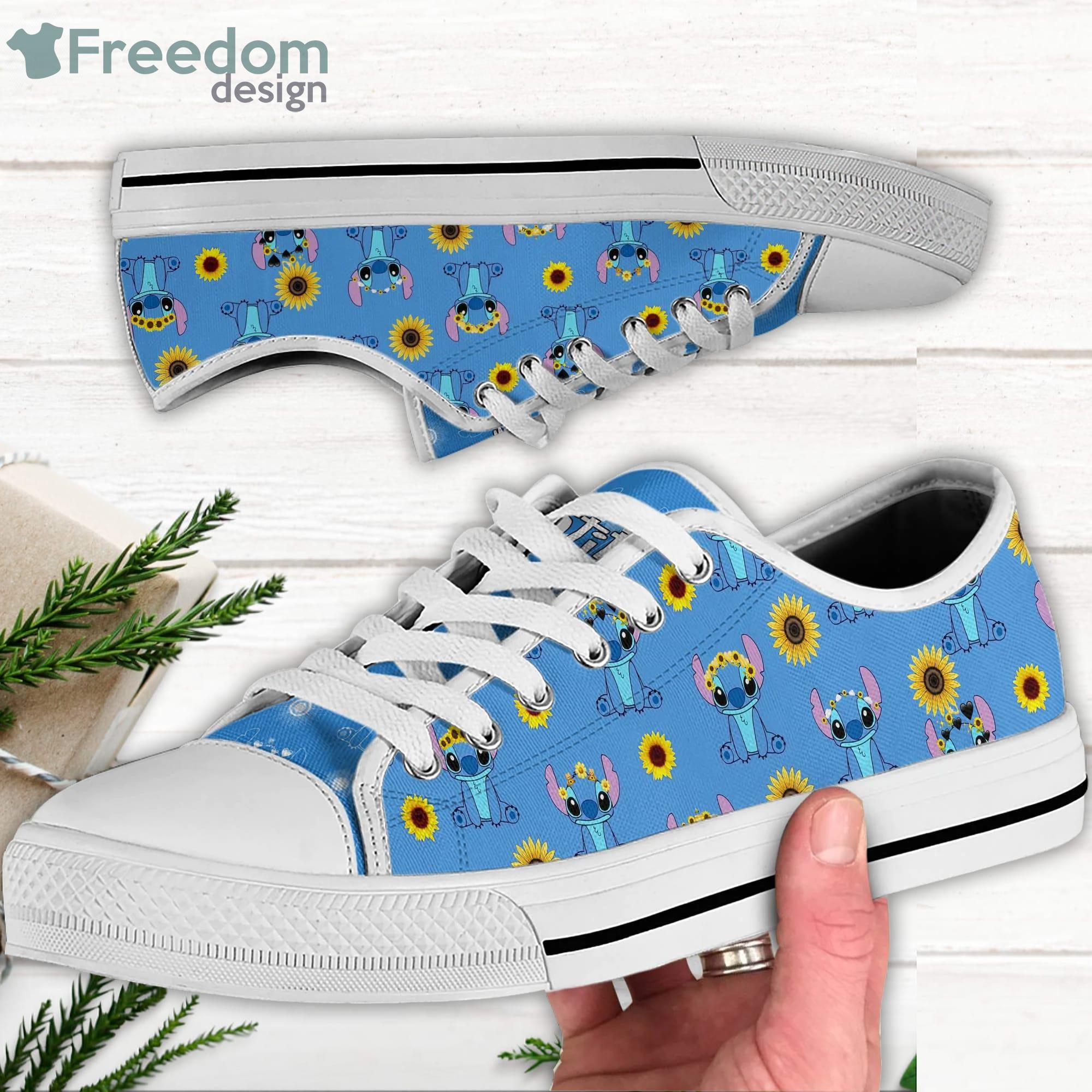 Stitch Sunflowers Blue Black White Disney Cartoon Sneakers Low Top Canvas Shoes Product Photo 2