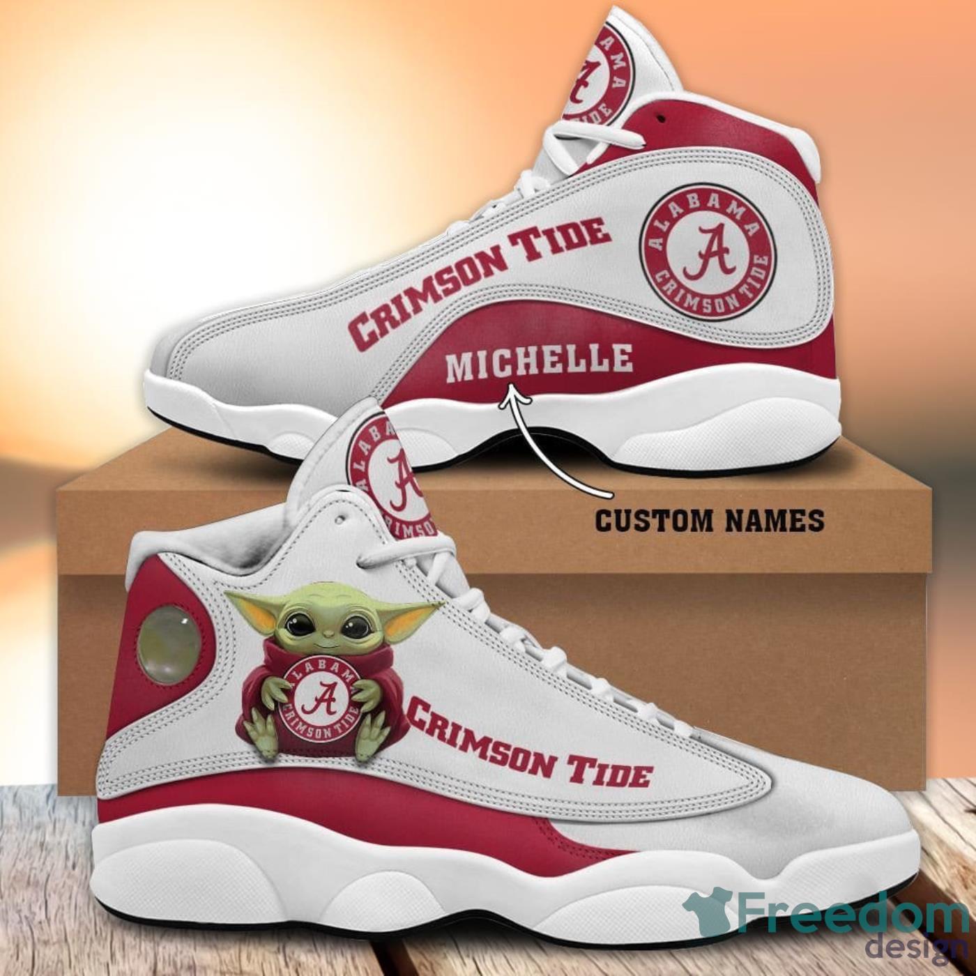Alabama Crimson Tide Fans Baby Yoda Custom Name Air Jordan 13 Sneaker Shoes Product Photo 1
