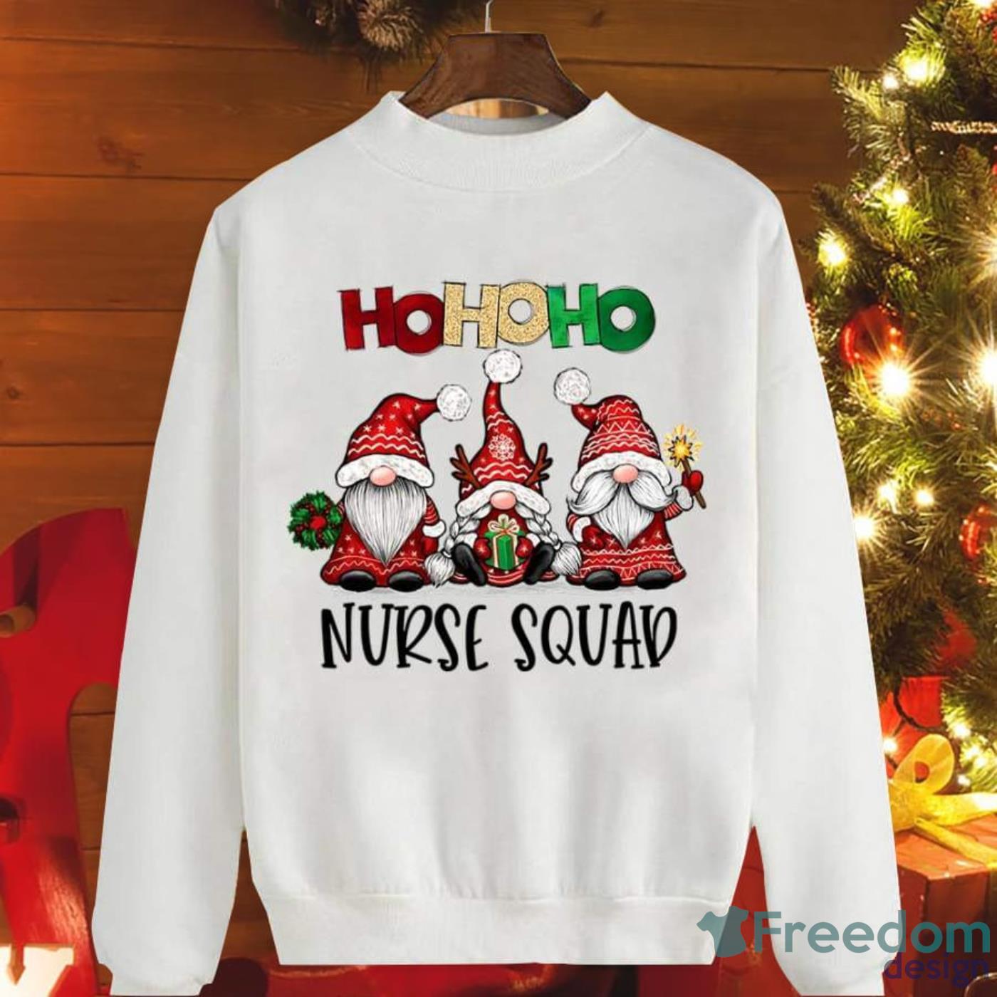 Gnome Santa Claus Ho Ho Ho Nurse Squad A Happy Holiday Christmas Sweatshirt Product Photo 1
