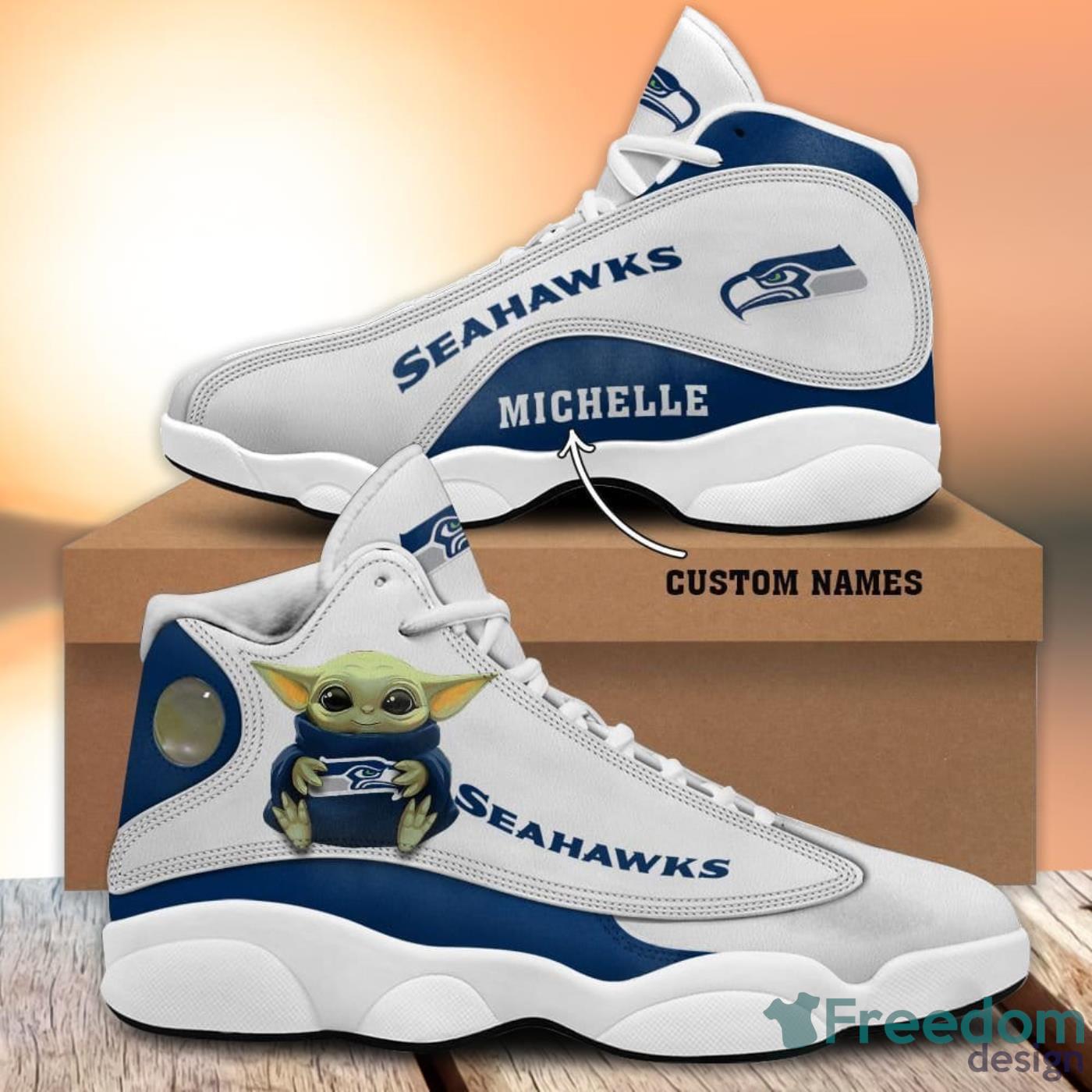 Seattle Seahawks Fans Custom Name Air Jordan 13 Sneaker Shoes Product Photo 1 Seattle Seahawks Fans Custom Name Air Jordan 13 Sneaker Shoes Product Photo 1
