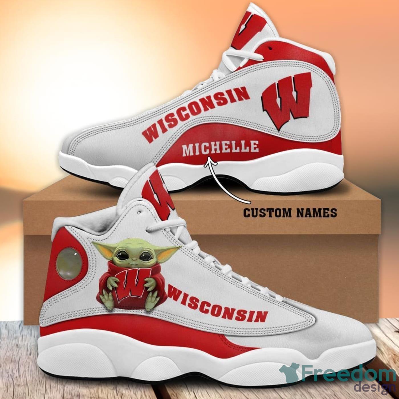 Wisconsin Badgers Fans Baby Yoda Custom Name Air Jordan 13 Sneaker Shoes Product Photo 1 Wisconsin Badgers Fans Baby Yoda Custom Name Air Jordan 13 Sneaker Shoes Product Photo 1