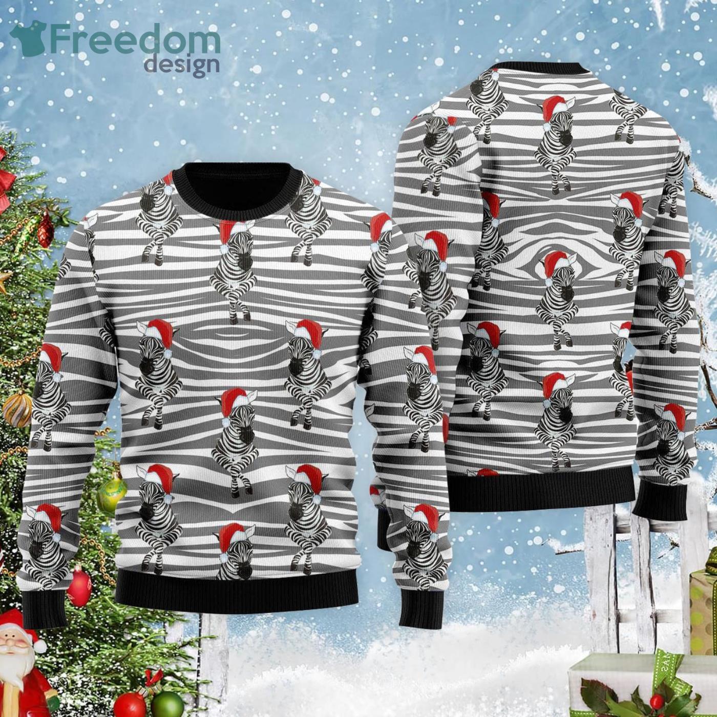 Zebra Wearing Santa Hats Ugly Christmas Sweater Product Photo 1