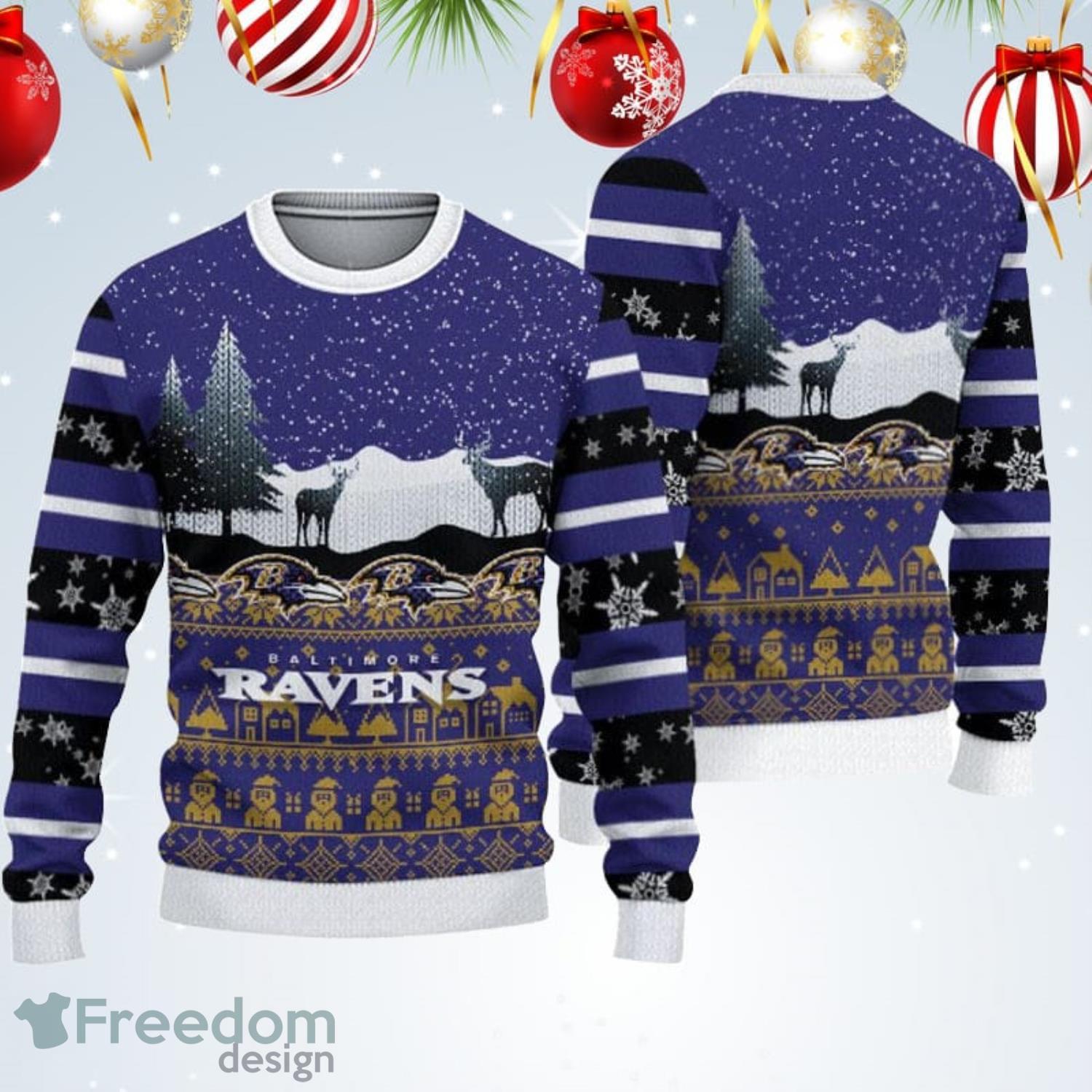 Baltimore Ravens Christmas Reindeer Snow Pattern Ugly Christmas