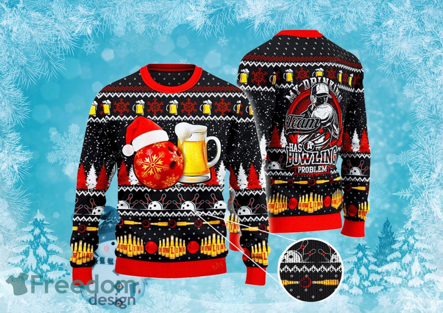 Bowling And Beer Lovers Snowflake Pattern All Over Print Ugly Sweater Product Photo 1