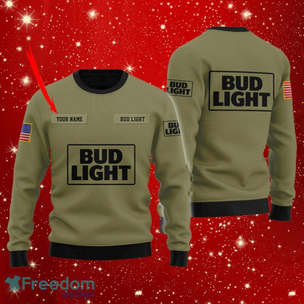 Bud Light Flag Military Green Personalized Ugly Christmas Sweater Product Photo 1
