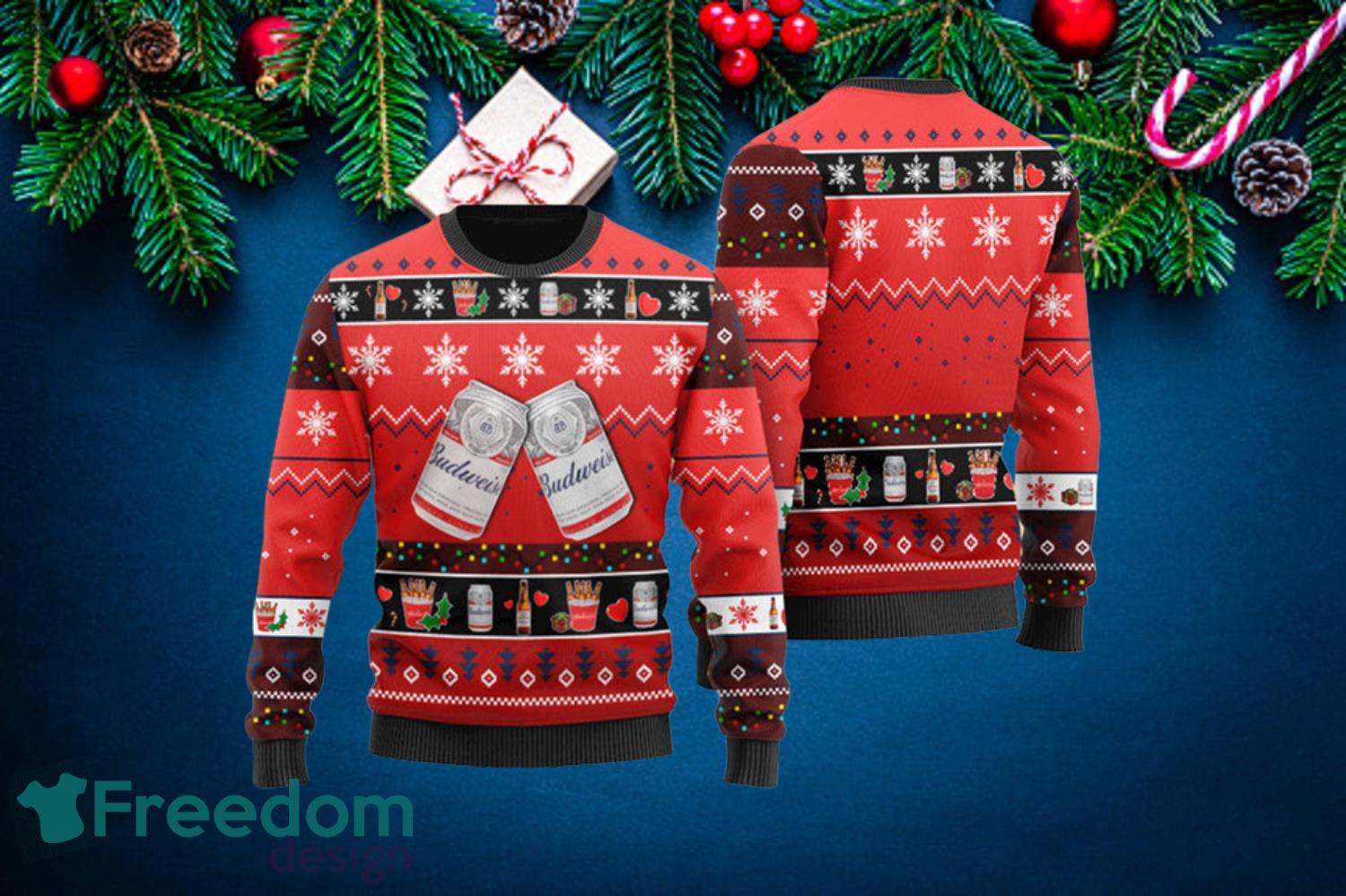 Budweiser Beer Snowflake Pattern Ugly Christmas Sweater Product Photo 1