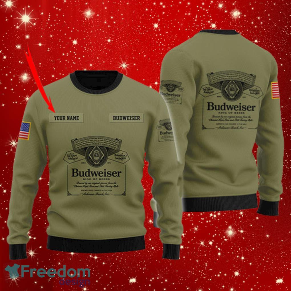 Budweiser Flag Military Green Personalized Ugly Christmas Sweater Product Photo 1