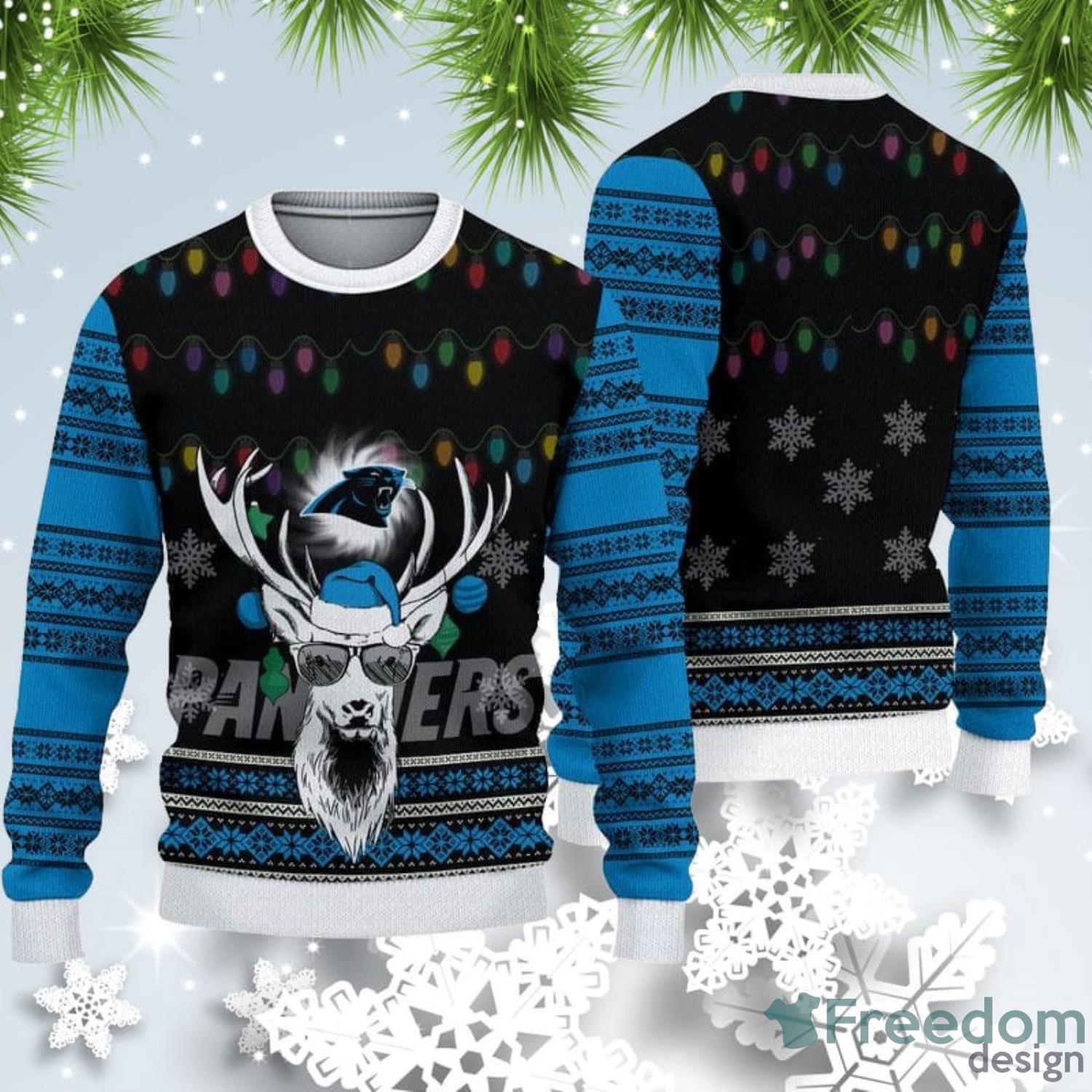 Carolina Panthers Christmas Light Reindeer Ugly Christmas Sweater